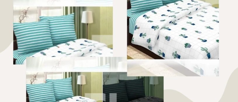 Комплект постельного белья из поплина «Кактусы» можно отшить полностью из основной ткани, а так же в сочетании с компаньоном в бело-зелёную полоску